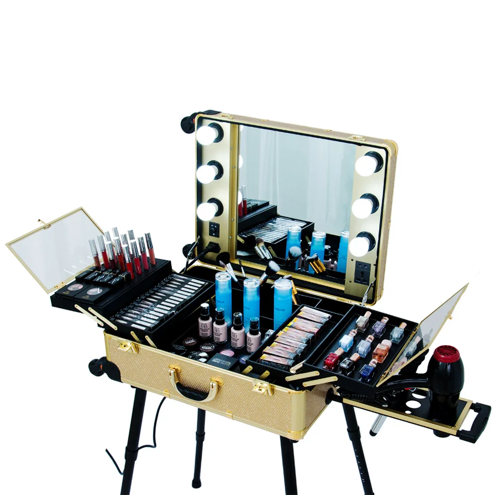 FAMA factory Latest fashion good quality makeup train case makeup station with lights with mirror