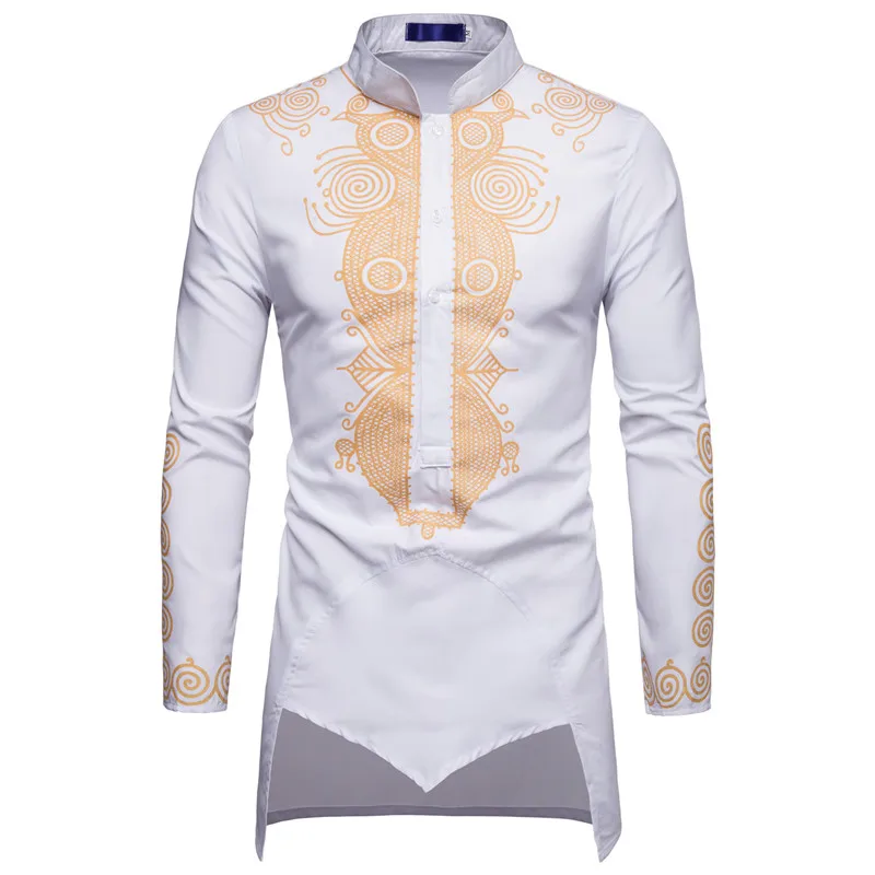 Ethnic Pattern Golden Floral Heat Transfer Print Stand Collar Thobe Muslim Clothes for Men