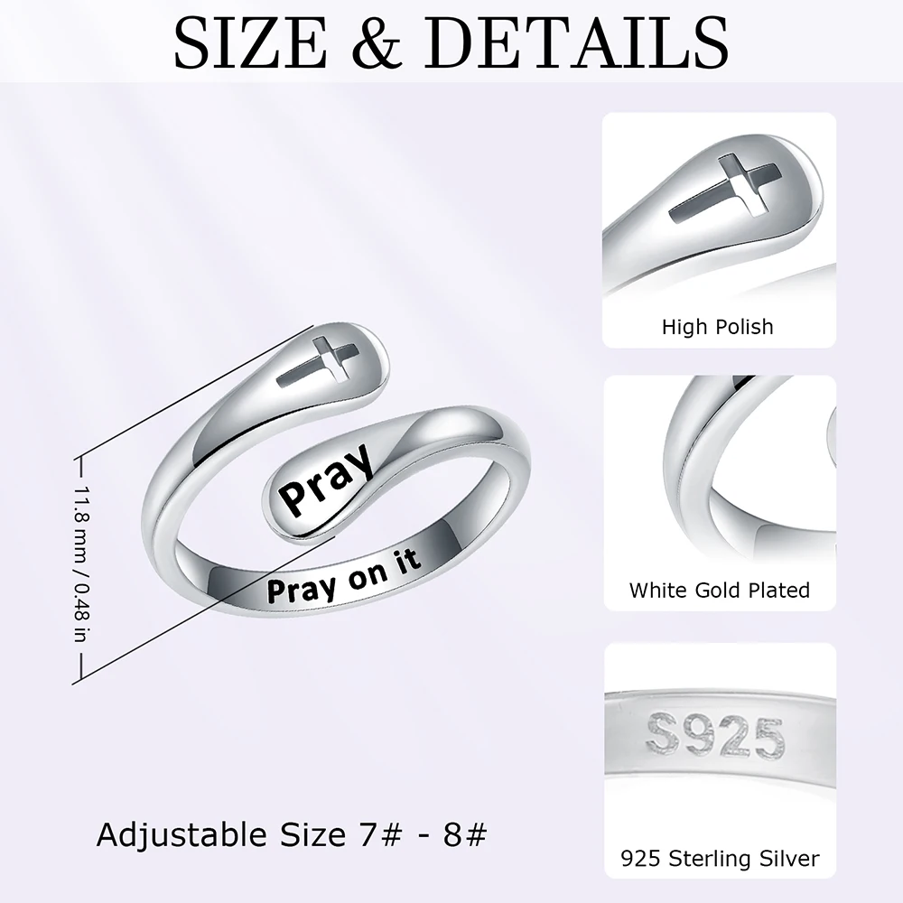 925 Sterling Silver Cross Ring Pray On It Adjustable Open Ring Cross Bless Pray Ring Jewelry Gifts for Women