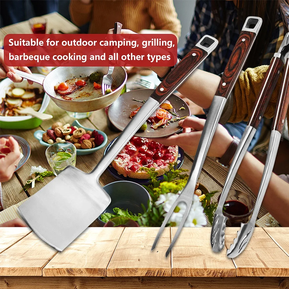 3PCS Deluxe Indoor Outdoor Extra Thick Pakka Wood Forged Handles Tong BBQ Griller Tool Set Barbecue Accessories Stainless Grill