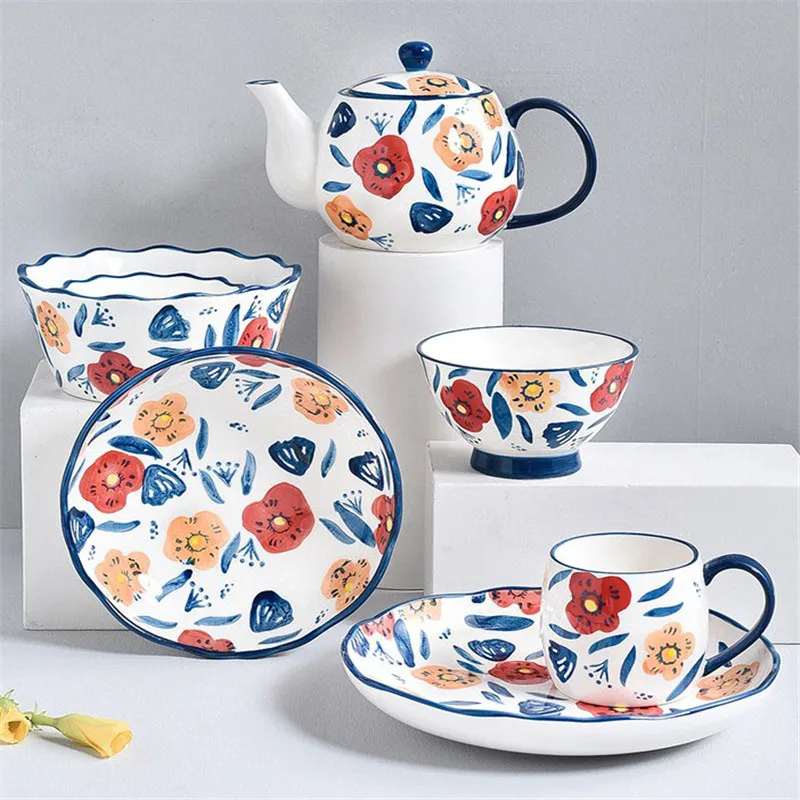 AB Grade Durable Ceramic Cup Plate Sets Hand Printing Wholesale Dinnerware Sets Tableware
