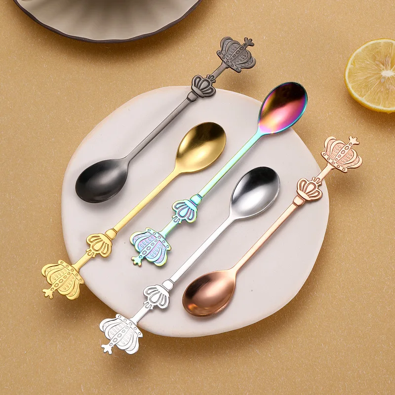 Wholesale Creative Double Crown Stainless Steel Tableware Spoon Golden Cake Dessert Fruit Spoons Coffee Stirring Spoon