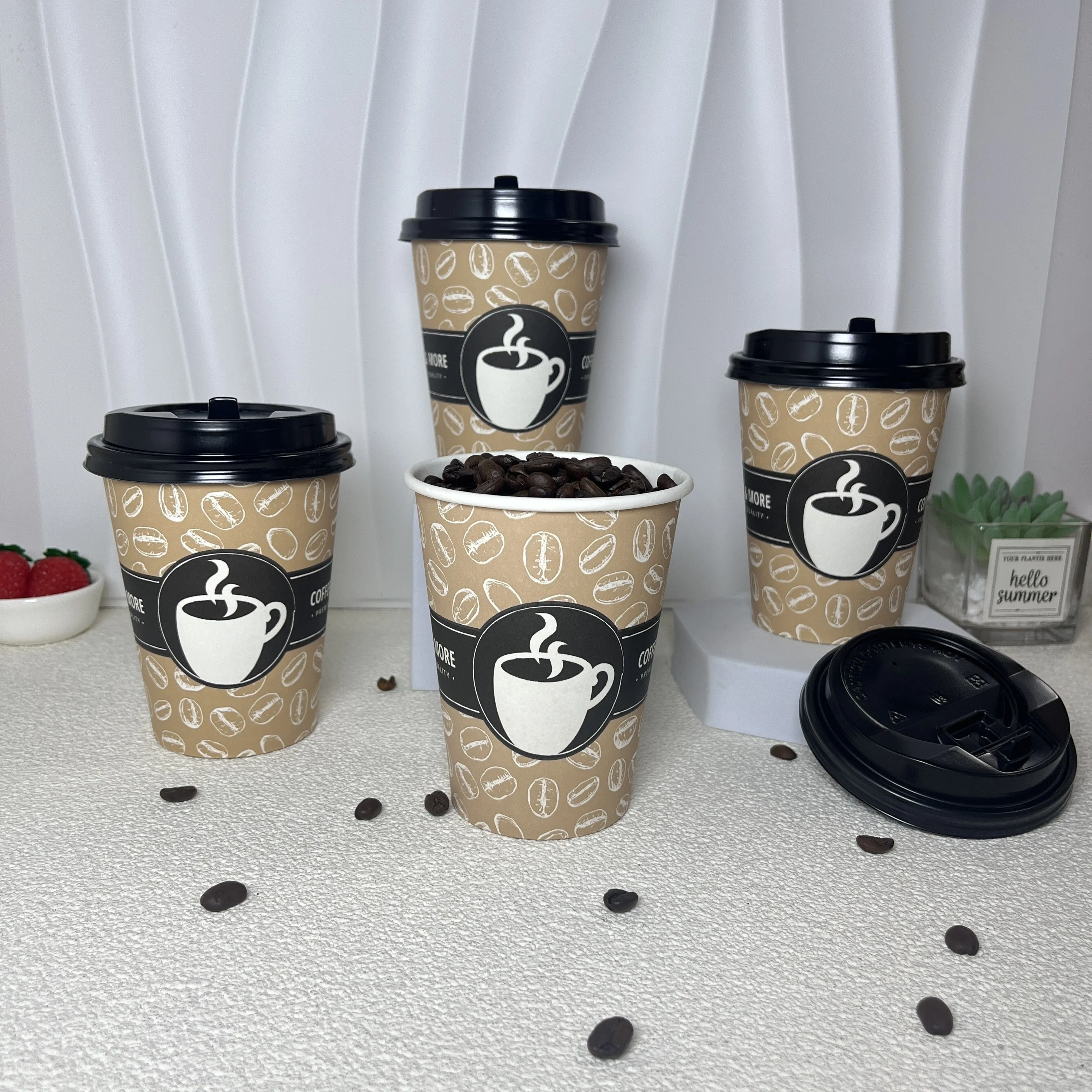 Customized Logo 6oz 6.5oz 12oz Tea Pack Disposable Hot Drinking Small Coffee Paper Cups with Lid Cover