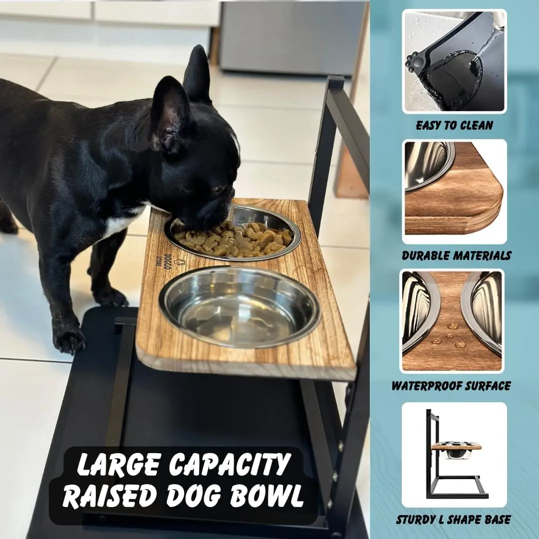 Wood  Height Adjustable Dog Bowl Stand with Slow Feeder and Non Slip Dog Food Mat and Stainless Steel Elevated Dog Bowls