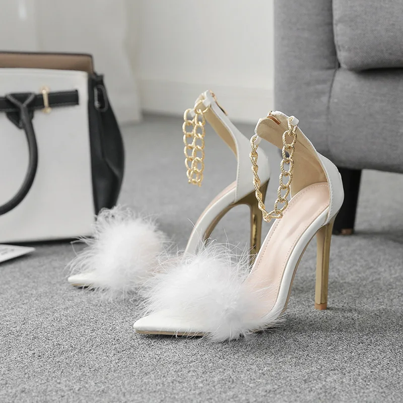 Custom Logo Sandles Pointed Stiletto Metal Chain Lady Fashionable Sandle Plus Size Summer Sandles For Women Sexy High Heels