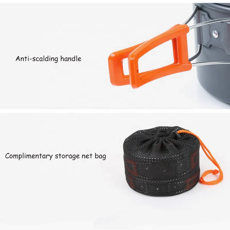 Hiking Equipment Mess Kit Lightweight Cook Pot Pan Kettle Nonstick Folding Aluminium Camping Cookware Set