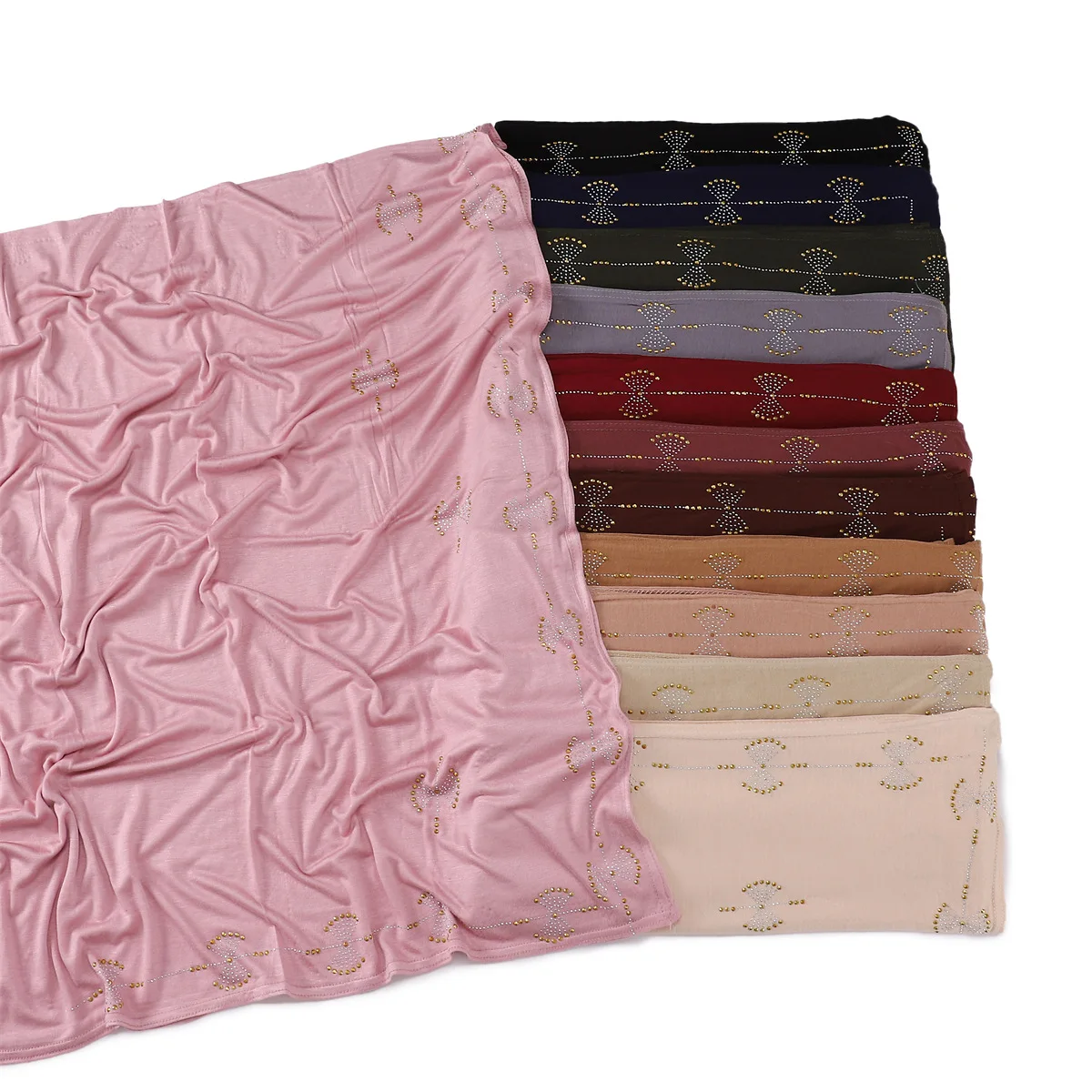 2023 Bow Crystal Muslim Rhinestone Warm Long Jersey Hijab Shawl Solid Color Cotton Headscarf