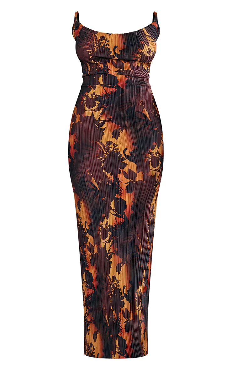 Hy009B 2023 Russian Chic Design Sleeveless Brown Print Pleated Slim Fit Skinny Long Party Maxi Dress