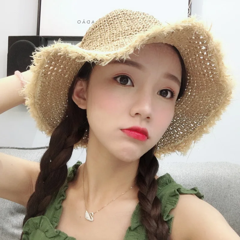 Wholesale Hot Selling Crochet Summer Beach Sun Straw Hats For Women With Rough Selvedge Paper rope handmade crochet cap