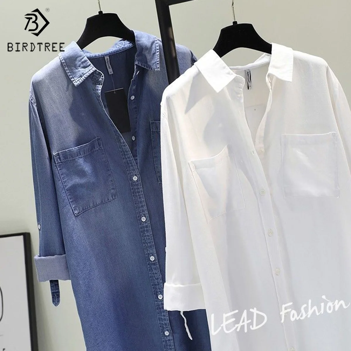 Medium Long Shirt Woman 2022 Spring New Loose European Style Long Sleeves Pocket Denim Blouses Shirts Tops For Autumn  T31501X