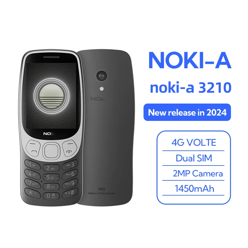 Original Noki-a 3210 4G Feature Phone 2.4 Inch 2MP Camera FM Radio 1450mAh Bettery Dual SIM Push-button Mobile Phone Type-C Port