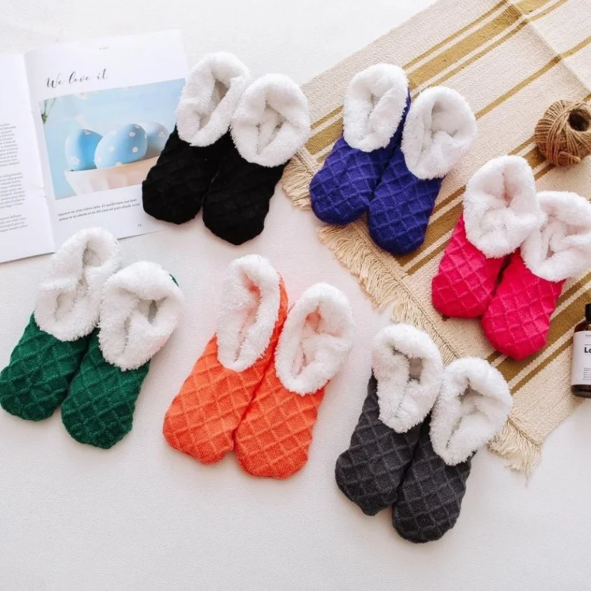 winter female knitted fabric fur fleece lining warm indoor home slipper sock with grips