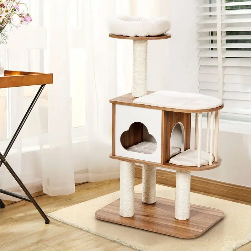 Wholesale customized cute fashion beige luxury  indoor tree tower houses scratches climbing pet cat tree CNLF