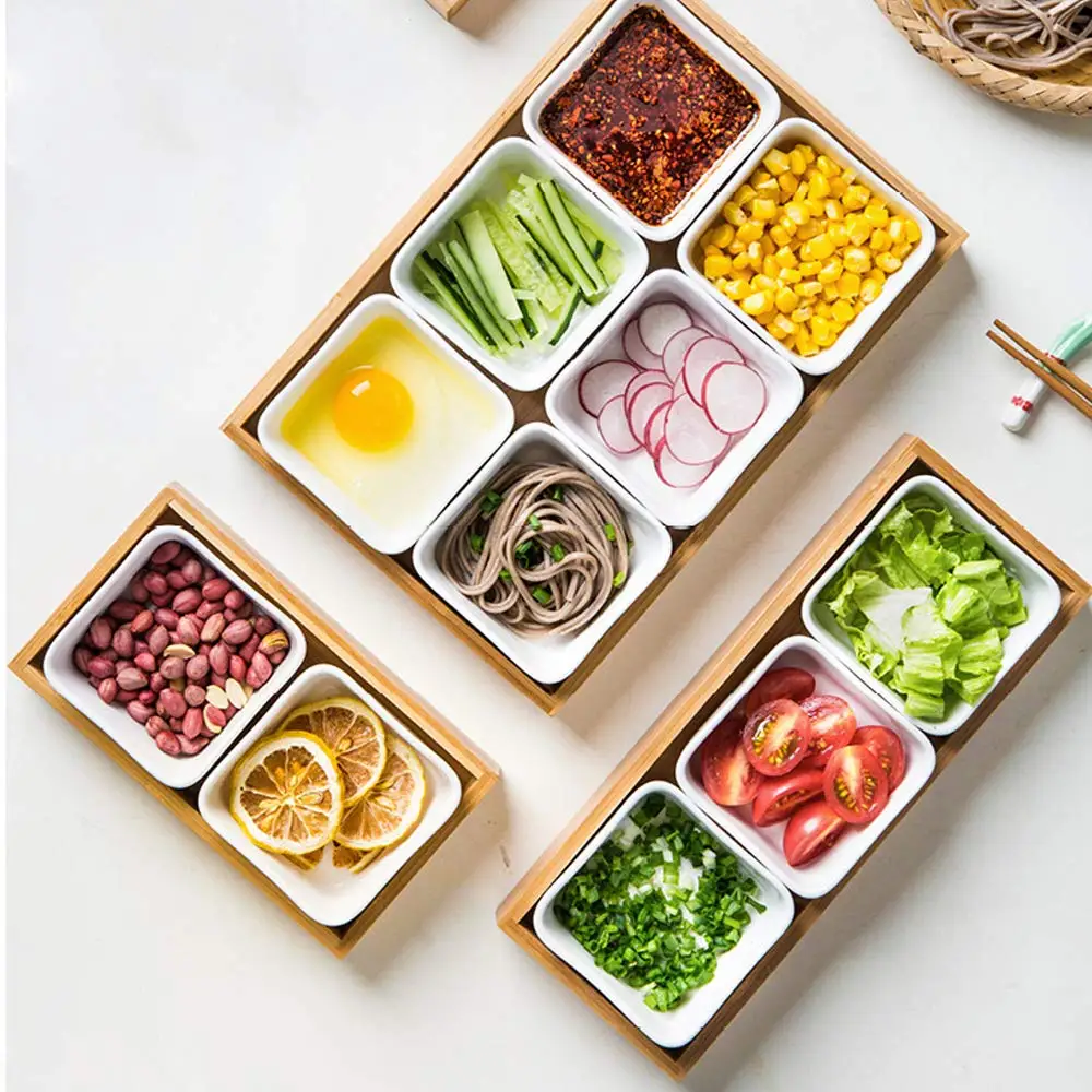 Белые фарфоровые миски для закусок, бамбуковые сервировочные подносы, подносы для ланча, сервировочная посуда, тапас, орехи, оливки