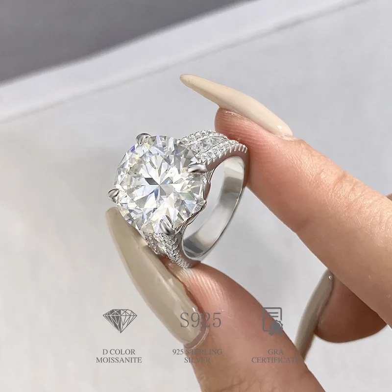 Factory Wholesale GRA VVS 10Carat 14MM Big Moissanite real Diamond Ring S925 18K gold engagement fine Jewelry for Women
