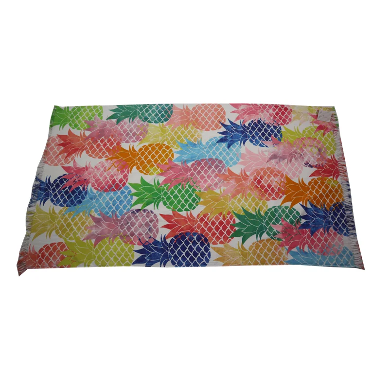 100% cotton material custom design printing with fringe beach towel pineapple beach towel