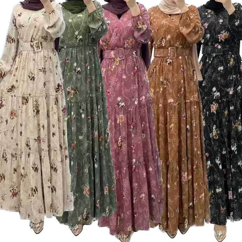 Wholesale Middle East Printed Dress Islamic Robe Ladies Long Floral Maxi Dress Dubai Abaya Women Muslim Dress