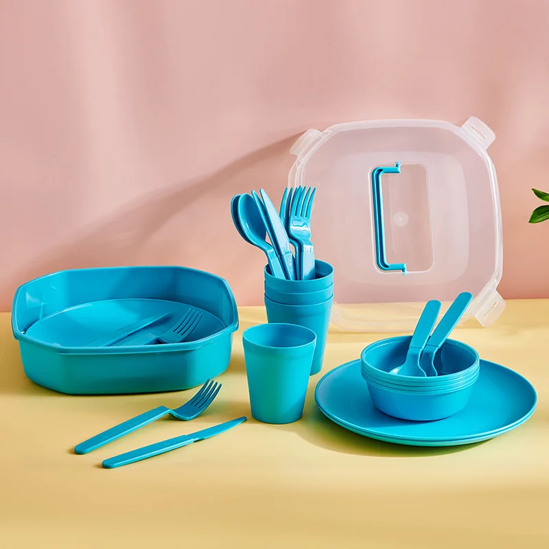 22pcs 26pcs portable lunch box plastic outdoor camping picnic tableware plastic dinnerware set