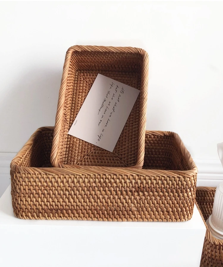 Environmental Friendly Hand - Woven Cosmetics Snacks Square Rattan Woven Set Of 3 - Piece Storage Box