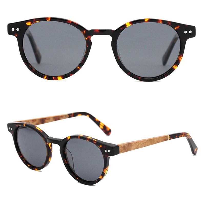 New fashion high quality round acetate frame wooden temple sunglasses