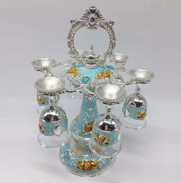 arabic Shinny Gifts 6pcs cup Enamel Metal Wine Hanger Rack Wedding Favor Gift Sets,royal wine set with cup