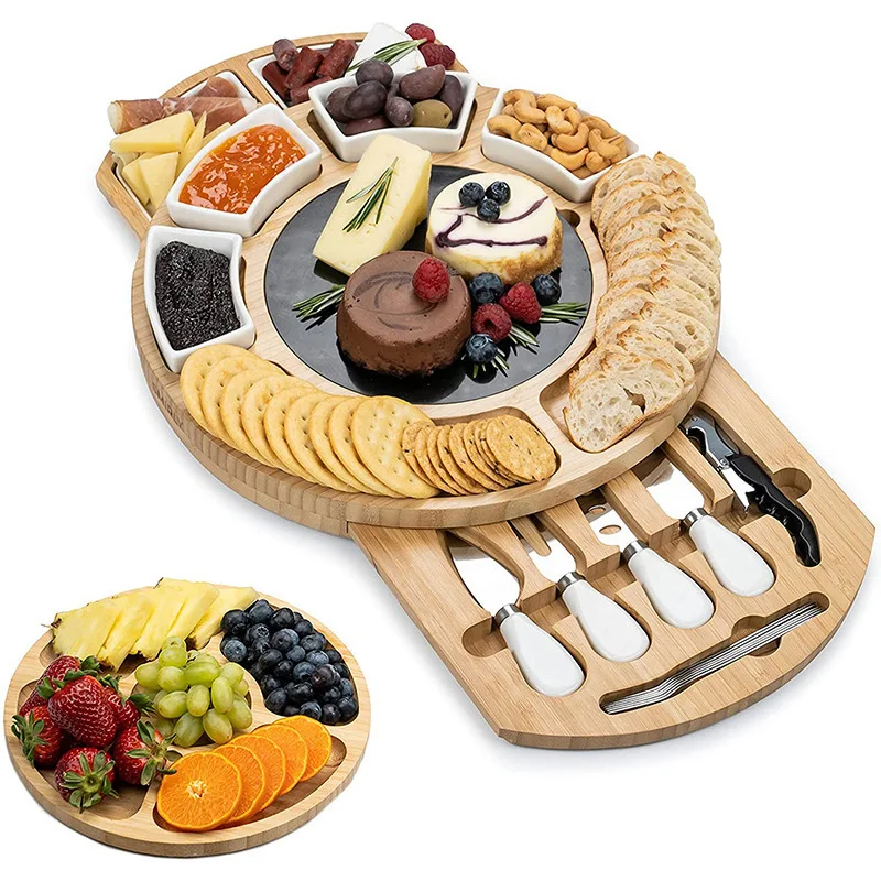 Kitchen Use Round Pull-Out Cheese Board Bamboo Cutting Board