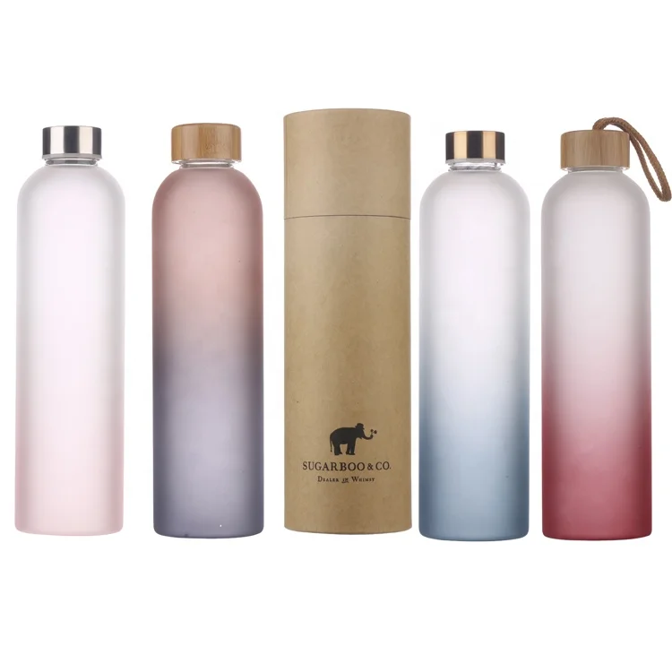 32 oz 1 Liter  Glass Water Bottle with Time Marker  Plastic Sleeve Gym Fitness Sports