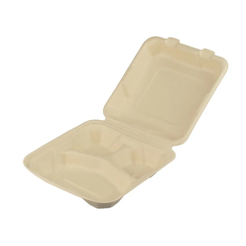Eco friend biodegradable disposable 3 compartment 32oz bagasse sugarcane pulp clamshell packaging fast food lunch box tableware