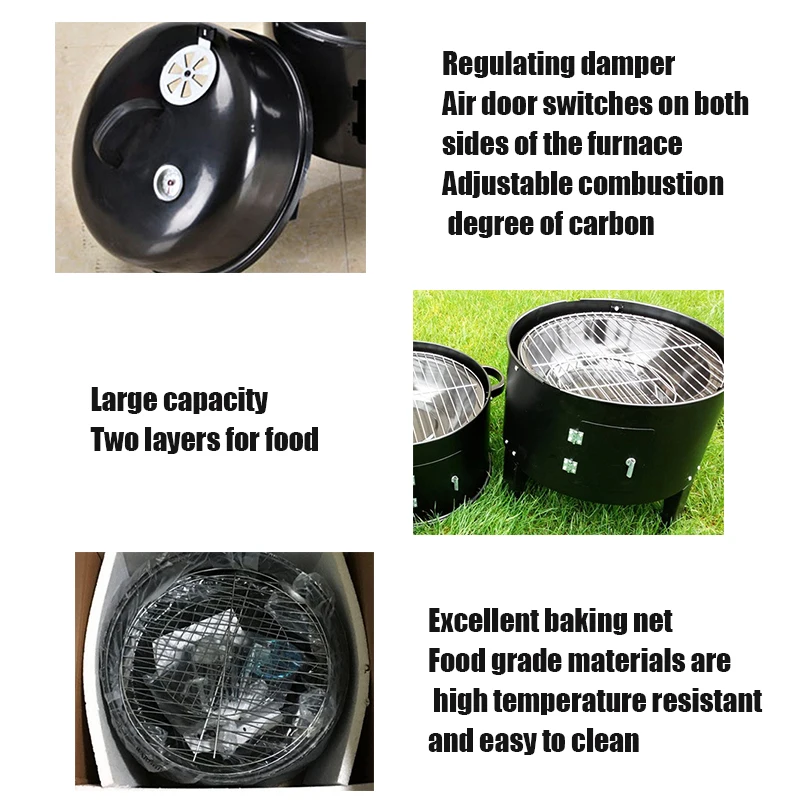 3-in-1 High-Pressure Outdoor Patio BBQ Grill Black Smoke Oven Carbon Iron Metal Folding Braised Charcoal Fuel for 5 People