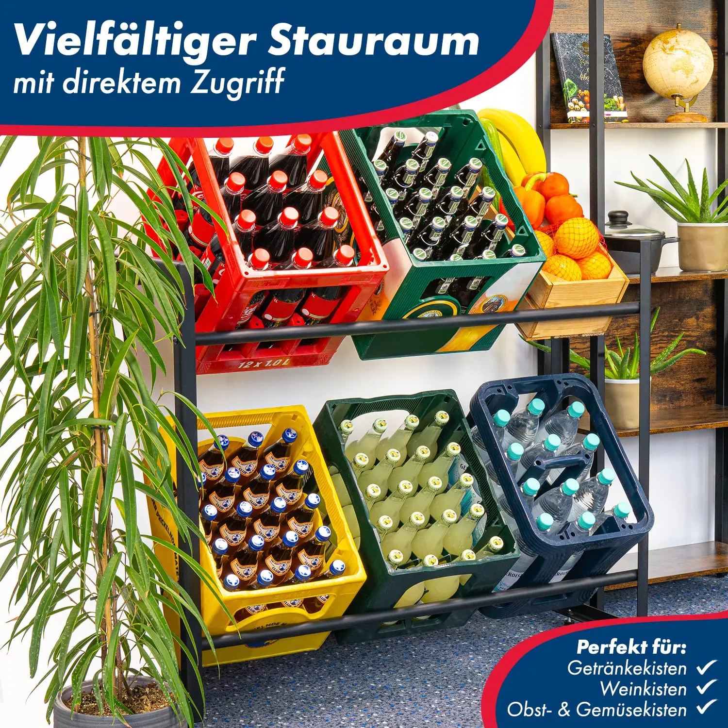 Drinks Crate Rack Black - Space-Saving Metal Shelf Black for Storage and Easy Handling of Drink Crates