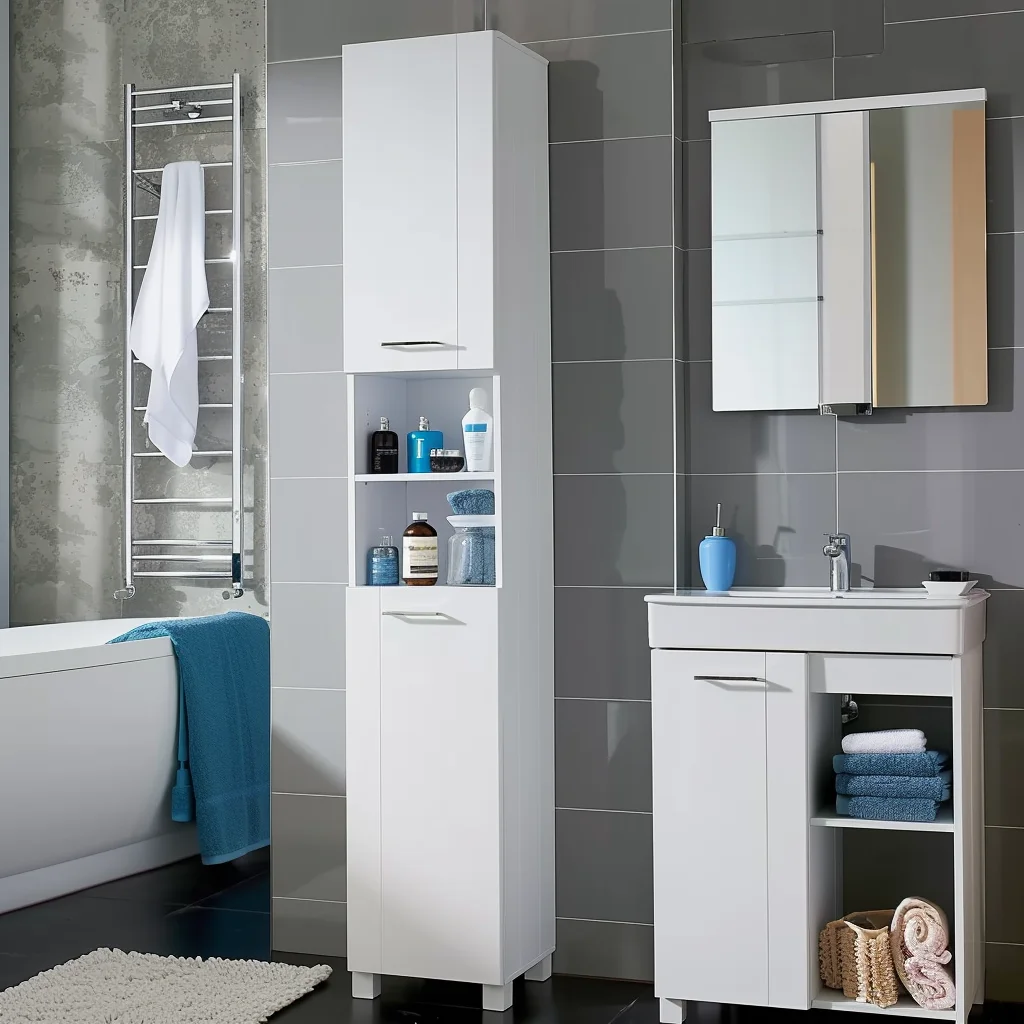 Modern Bathroom Storage Cabinet Tall Floor Standing Unit with 2 Doors 1 Compartment 1 Drawer High Gloss Front for Hotels