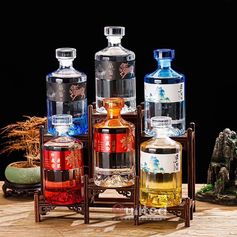 Custom ice mountain base 100ml 250ml 500ml empty liquor spirits glass bottle for vodka gin whiskey