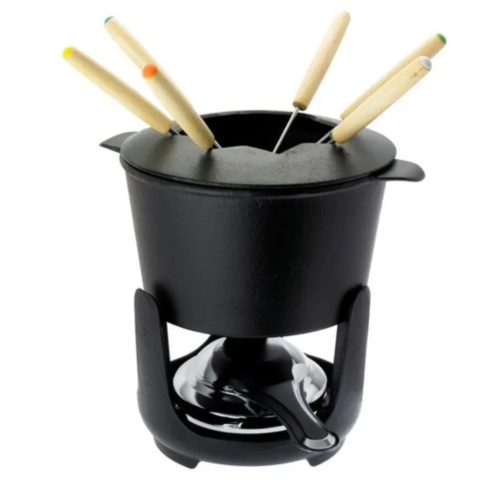 Hot selling enamel hot pot cast iron fondue pot 6 fondue forks chocolate cheese fondue set for chocolate