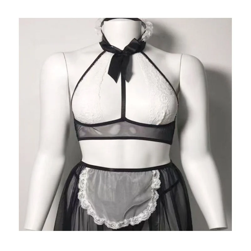 HY White Mesh Perspective Bow Lace Hollow Temptation Skirt Sexy Lingerie Set Erotic Uniforms Costume