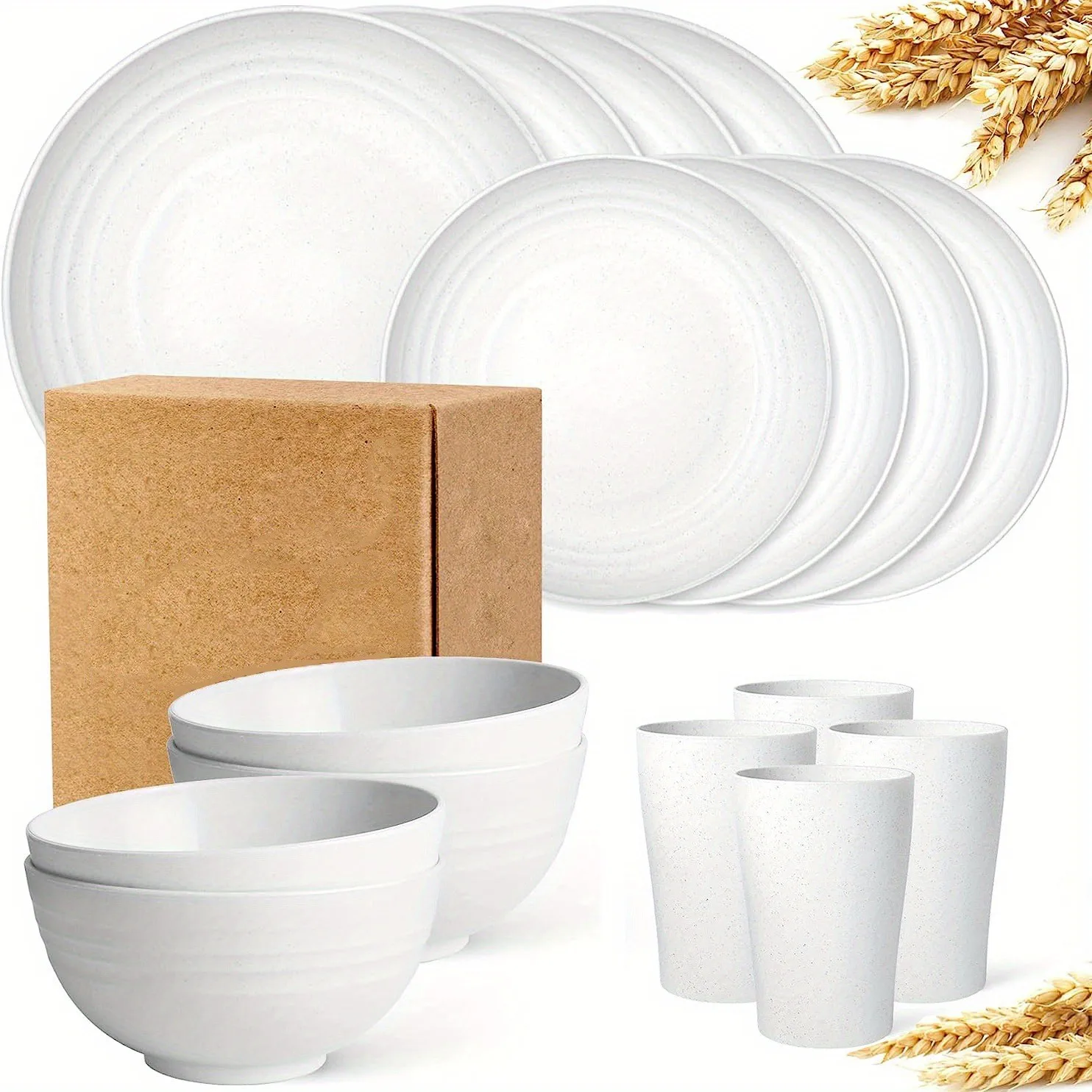 16pcs Wheat Straw Unbreakable Dishwasher Microwave Safe Dinnerware Plates and Bowls Sets RV Outdoor Camping Service for 4