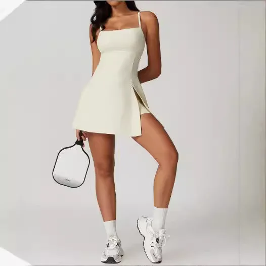 Women Sportswear Workout Running Tennis skirt bodysuit with adjustable button Gym Fitness Build in pad activewear