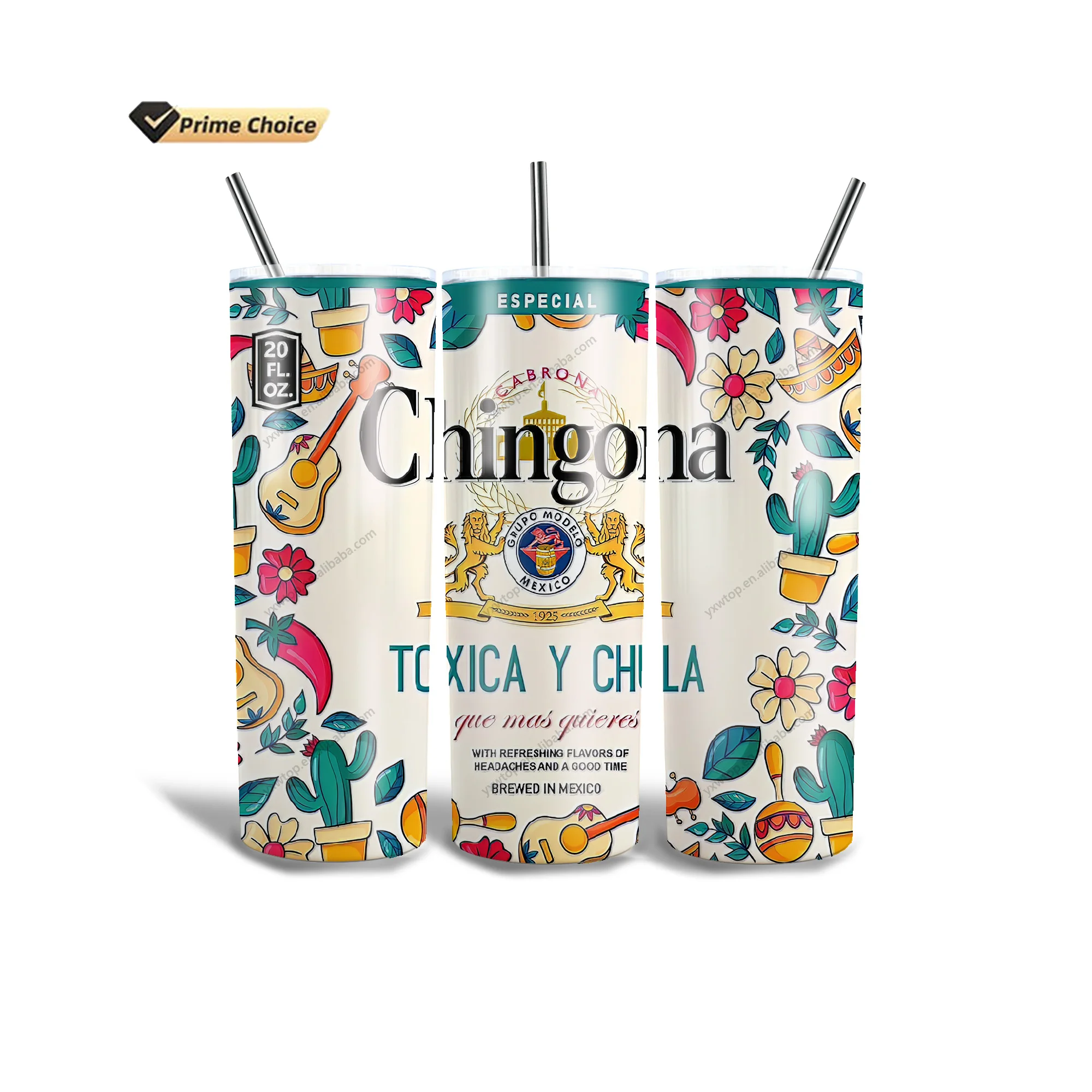Custom Design Chingona Toxica Y Chula 20oz Insulated Stainless Steel Skinny Tumbler Travel Mug with Spill Proof Rubber Gasket