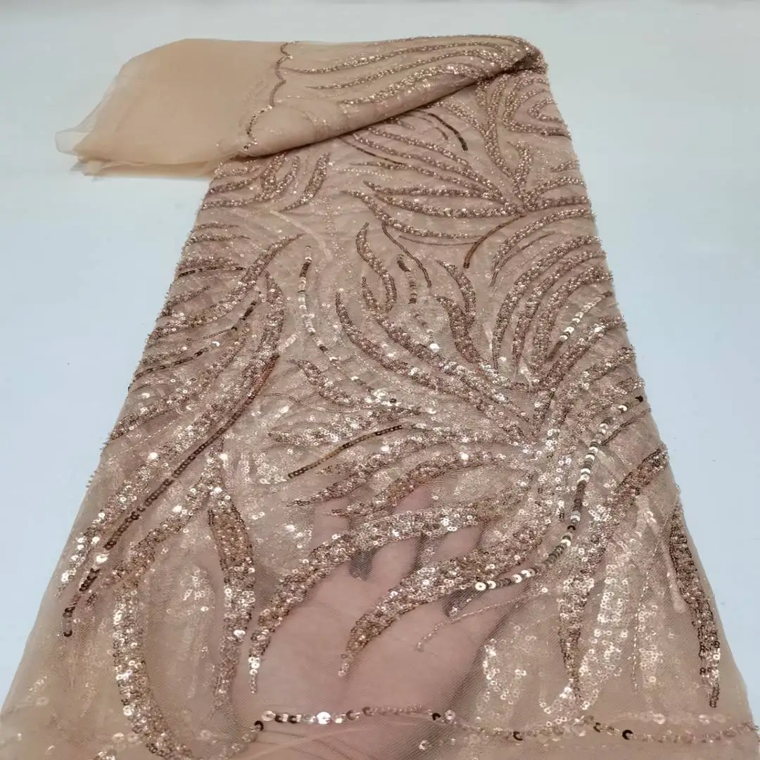 French beautiful sequins beaded lace striped high-end wedding dress fabric