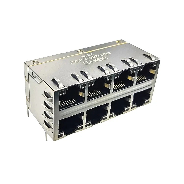 DGKYD24Q012DB1A1D057 Long Dual Layer 2x4 Port Shielded RJ45 Gigabit Filtered Connector with Yellow and Green LEDs