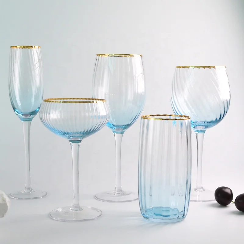 Luxury Gold Rimmed Gradient Blue colored Stripe Red Wine Glass Vintage Goblet Highball Stemless Glas