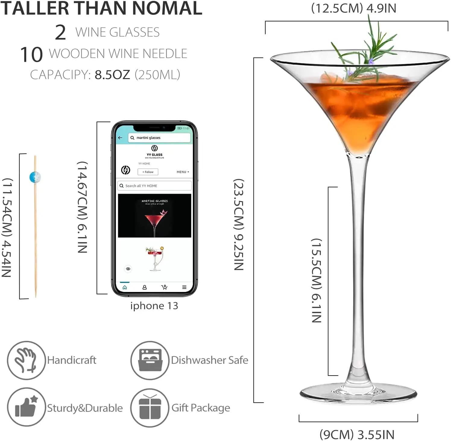 Bar Accessories 8.5oz Crystal Tall Coupe Cocktail Glass with Stem for Martini Manhattan Margarita & Cocktails