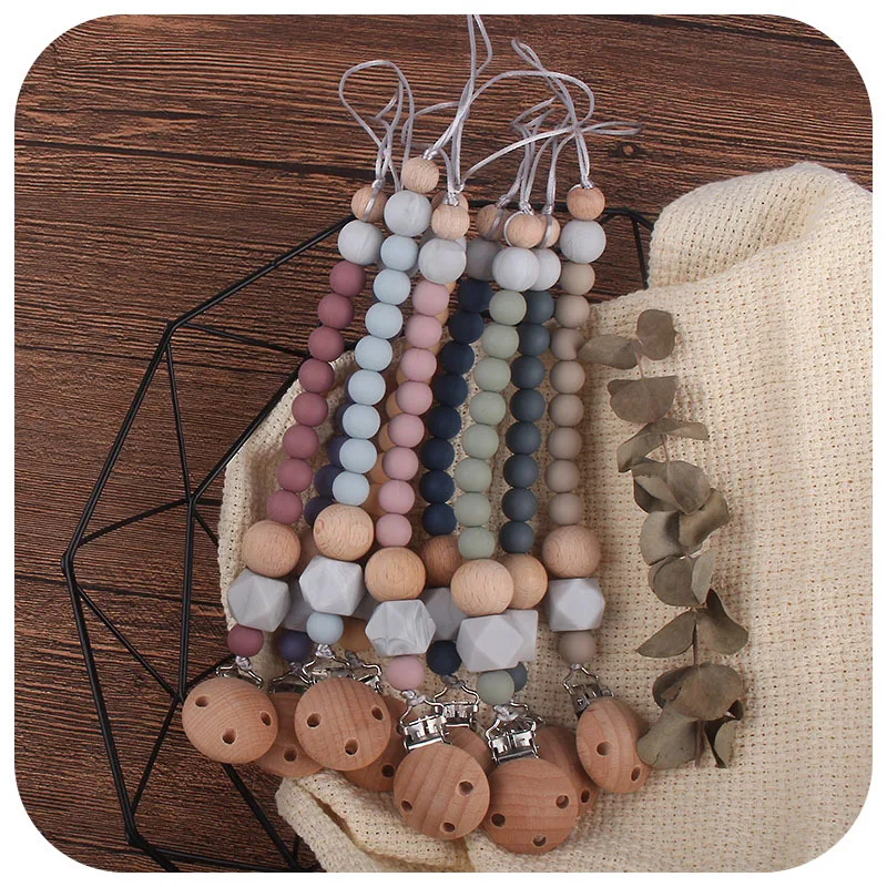Custom Nursing Gifts Baby Infant Teething Toy Hook Silicon Wooden Pacifier Holder Dummy Clip Chain For Girls Boys