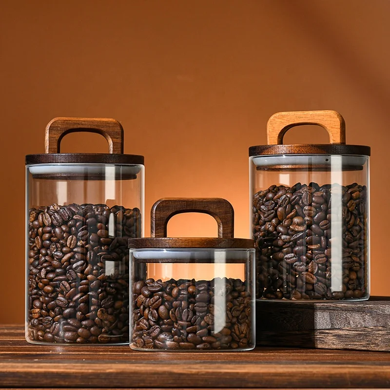 Glass pantry storage containers glass jar coffee bean noodles storage jar canister set airtight sealing wooden lid