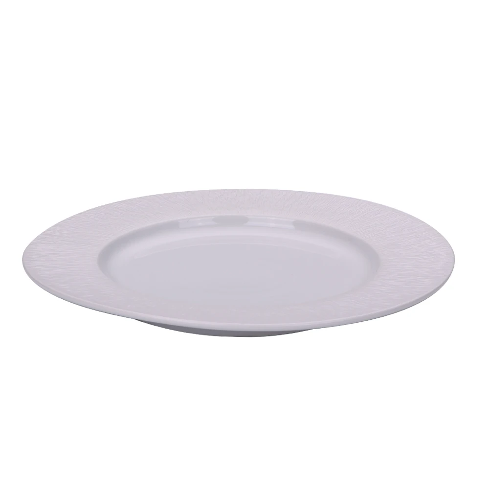 11.85 inch white antique porcelain flat plate embossing unbreakable dish black ceramic  restaurant home serving round dishes