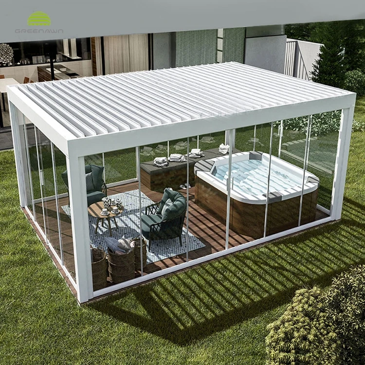 Electric Rainproof Louver Garden Aluminium Pergola Gazebo Outdoor With Flooring