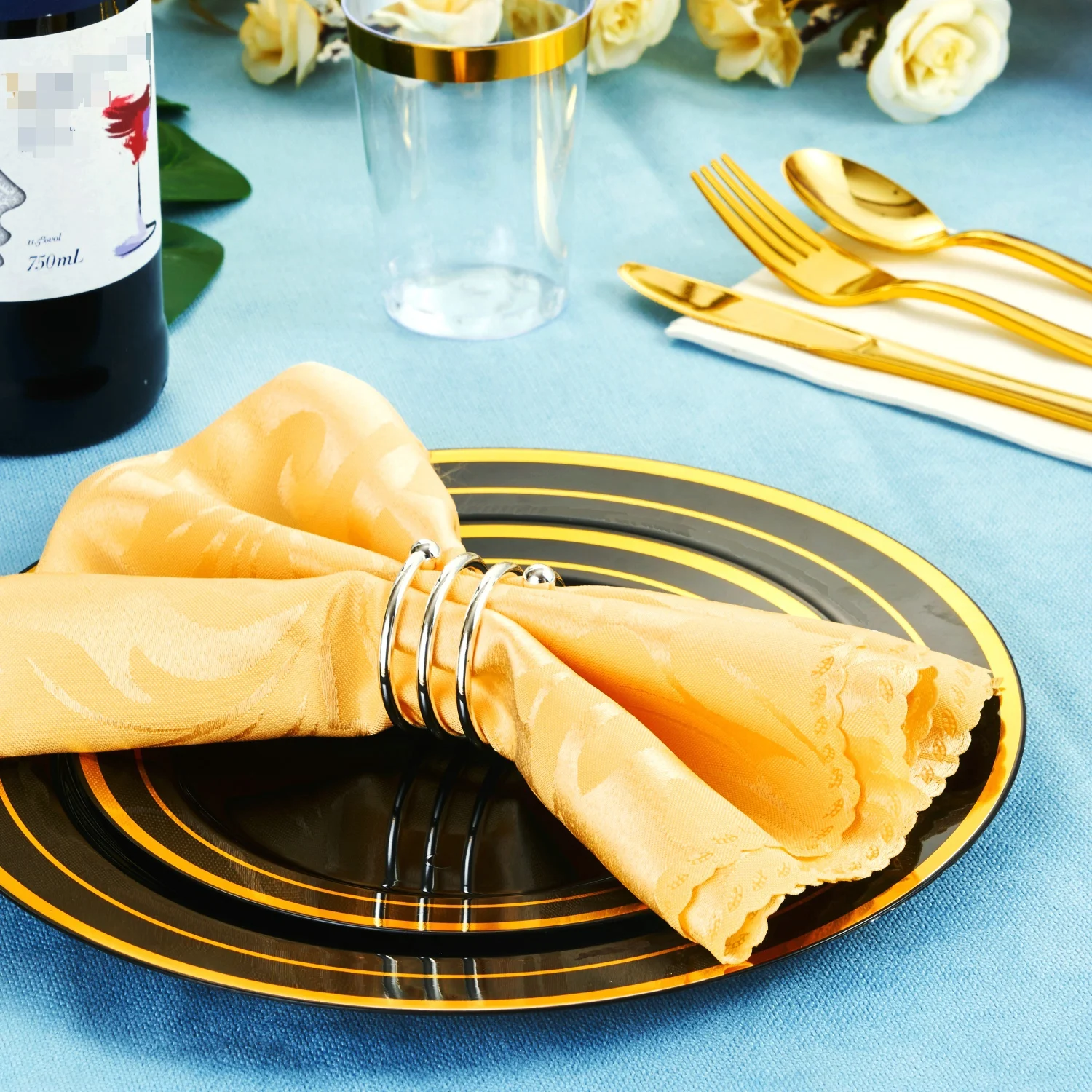  Black and gold party wedding plates plastic disposable cutlery dinnerware