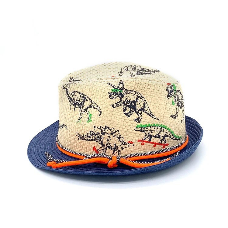 Разноцветная детская Соломенная пляжная шляпа с принтом динозавра, Федора с полосатой лентой