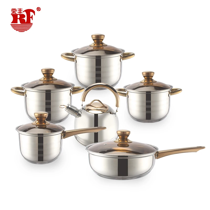 RF European Style 12PCS Stainless Steel Kitchenware Set with Cooking Pot Set,and  2L Kettle Brown Glass Lid
