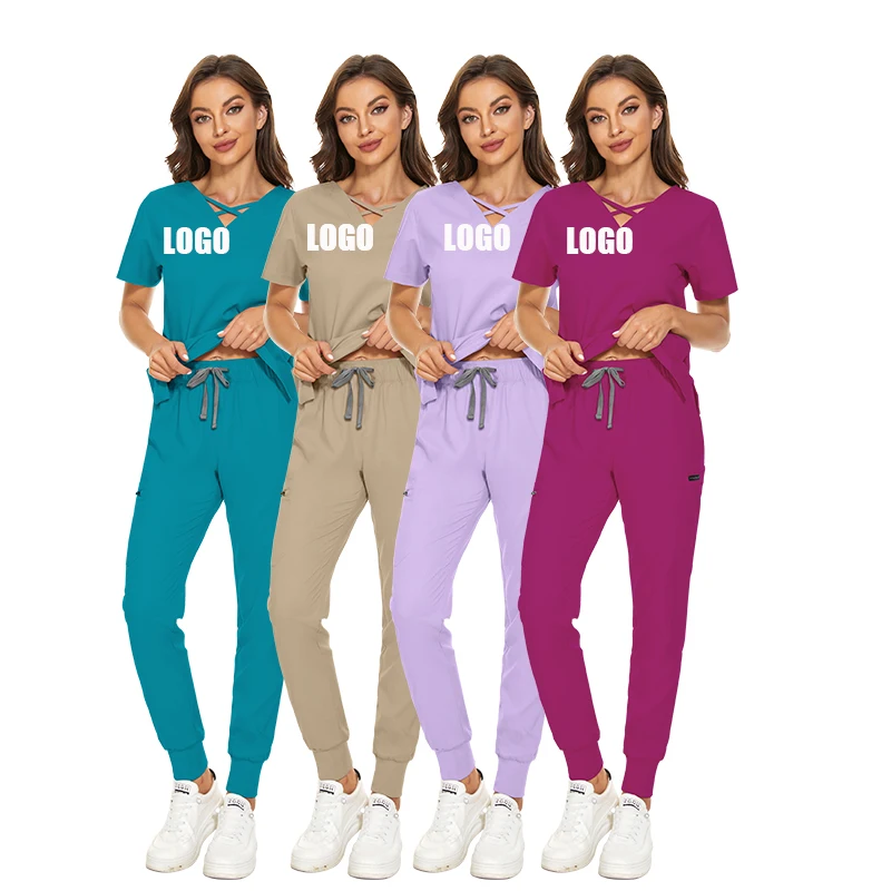 2024 Hot Selling Stylish Burgundy Navy Blue Medical Scrubs Womens Scrub Nursing Polyester Stretchy Hospital Uniforms