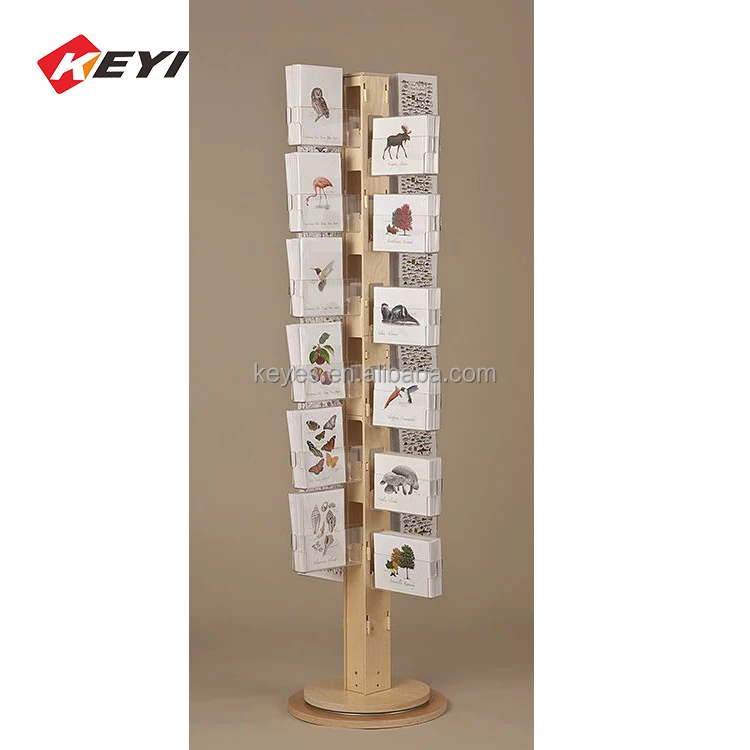 Customize 48 Cards Floor Standing Spinner Display Stand 24 Pockets Wood And Acrylic Retail Greeting Cards Rotating Display Rack